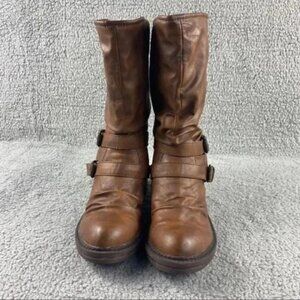 Blowfish Malibu Brown Faux Leather Slouch Mid Calf Buckle Boots Womens Sz 8.5